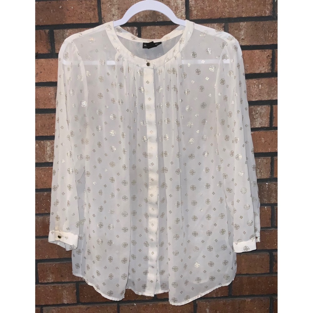 Liz Claiborne Career White Gold Foil Medallion Sheer Button Front Blouse L